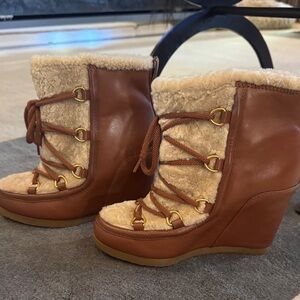 Veronica Beard Brown and Cream Winter Wedge Boots